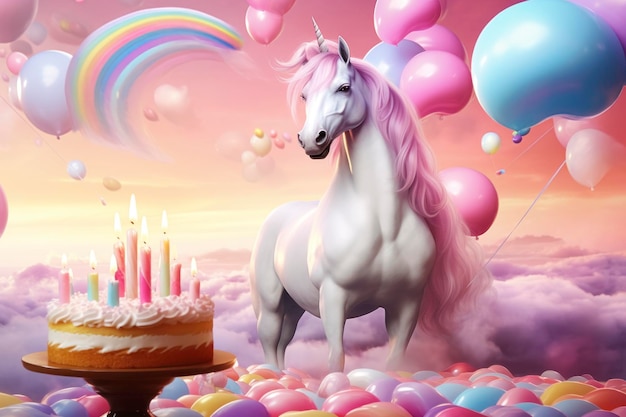 Foto tarjeta de cumpleaños con bolos de pastel de unicornio y velas de colores brillantes