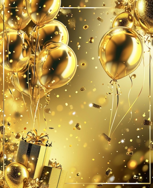 tarjeta de cumpleaños dorada con globos de oro