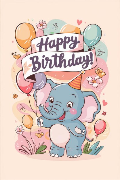 Tarjeta de cumpleaños con un elefante sosteniendo un globo