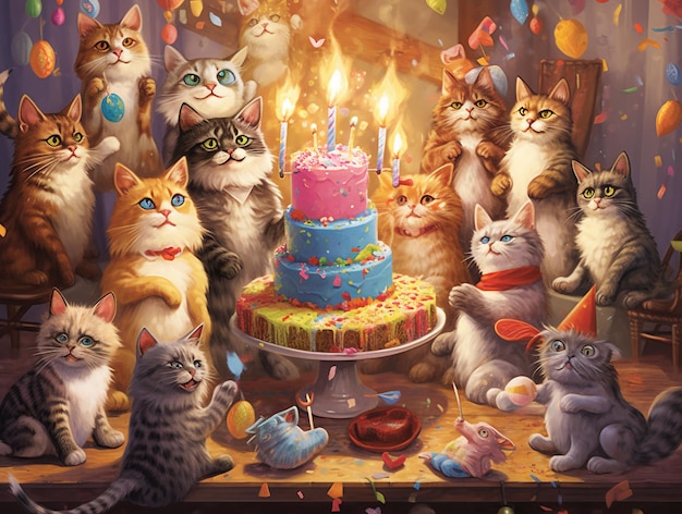 Una tarjeta de cumpleaños con gatos y un pastel de cumpleaños.