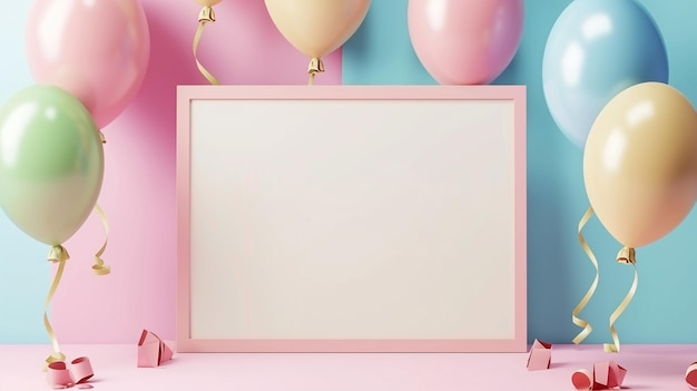 tarjeta de cumpleaños con globo y marco de fotos en blanco Generative Ai