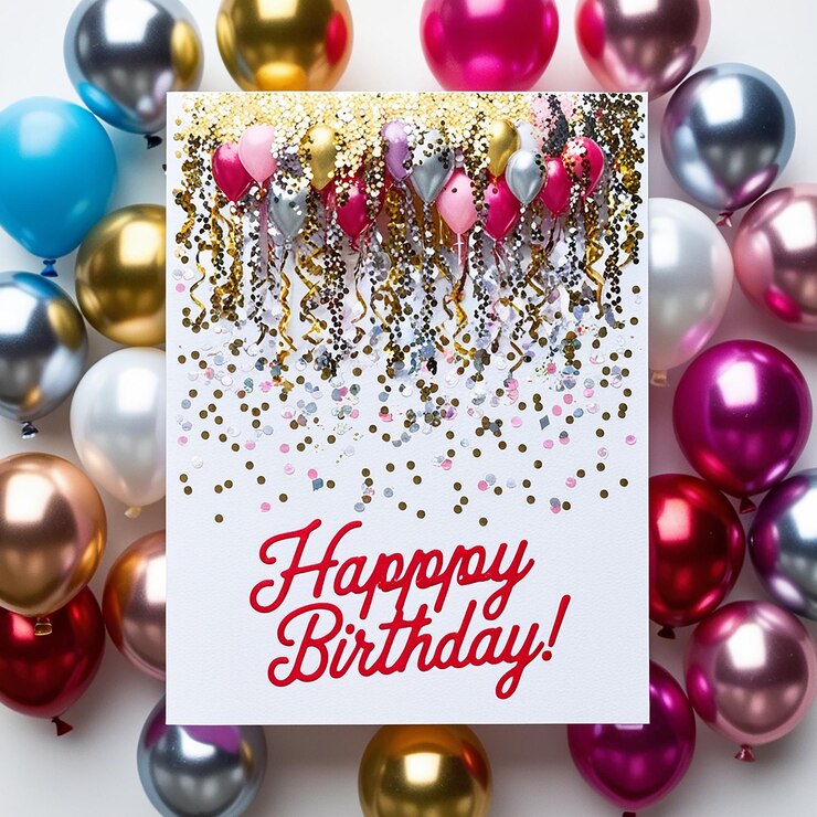 una tarjeta de cumpleaños con globos y confeti en la parte superior