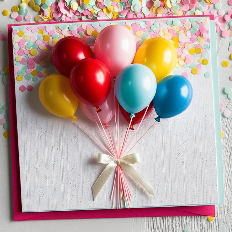 una tarjeta de cumpleaños con globos y confeti en la parte superior