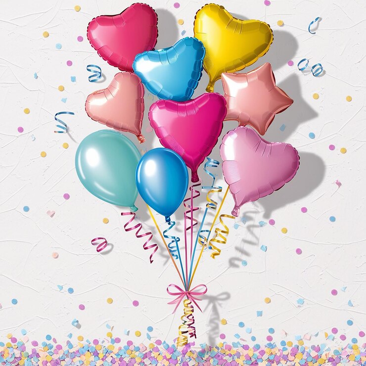 una tarjeta de cumpleaños con globos y confeti en la parte superior
