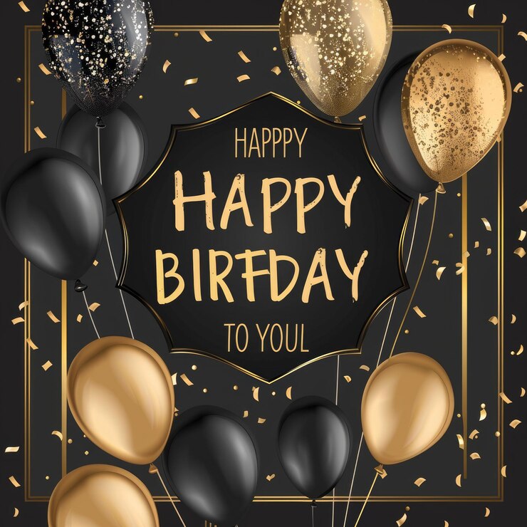 una tarjeta de cumpleaños con globos dorados y negros y brillos dorados