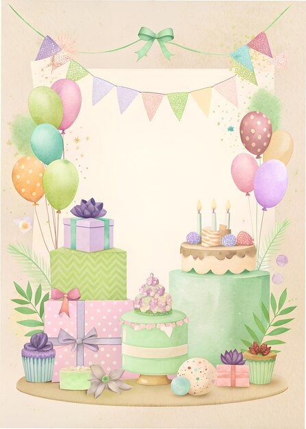 una tarjeta de cumpleaños con un pastel y globos en ella apertura vectorial de la tarjeta de aniversario