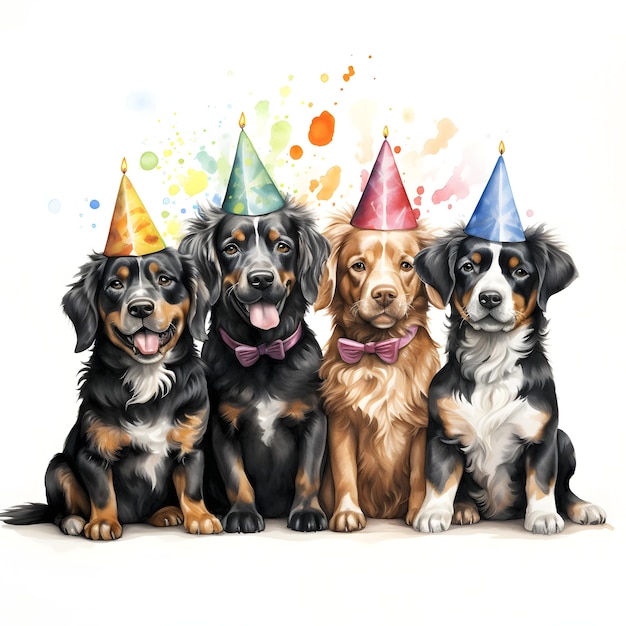 tarjeta de cumpleaños con perro de dibujos animados y globos de aire acuarela estilo ilustración vacaciones