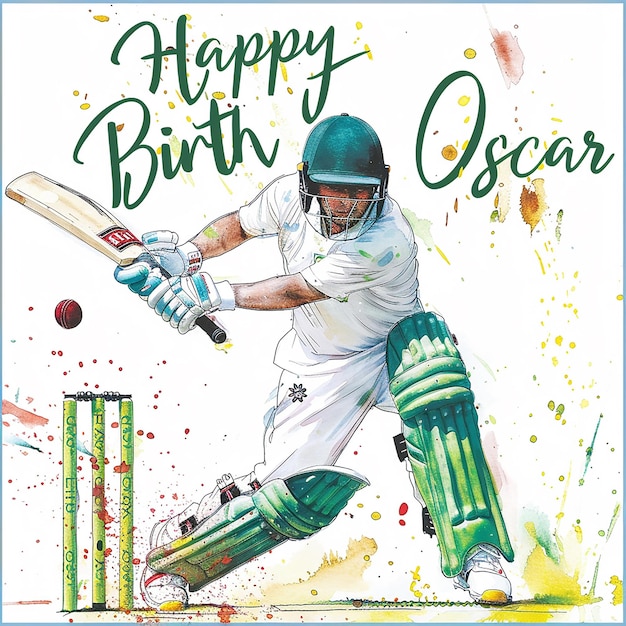 una tarjeta de cumpleaños que dice Feliz cumpleaños Oscar en la tarjeta de tarjeta de aniversario temática de cricket cricket