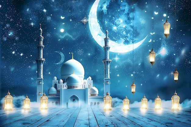 Tarjeta de deseos del festival de Eid con mezquita de la luna y linternas