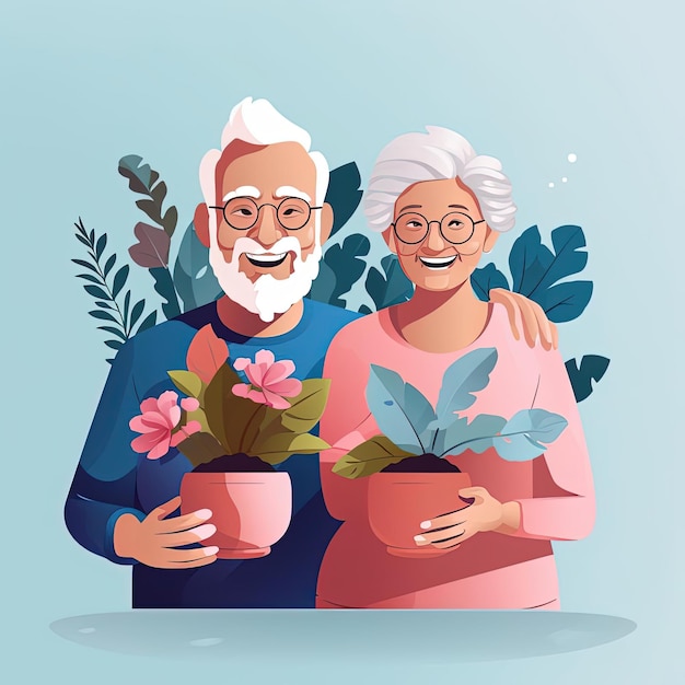 tarjeta del día de los abuelos felices con dos plantas al estilo de animaciones coloridas