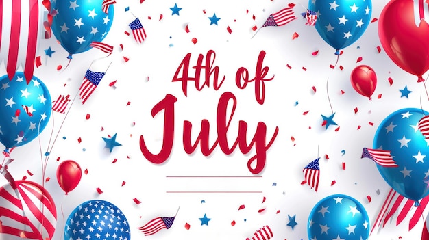 Tarjeta del Día de la Independencia de los Estados Unidos con banderas de texto del 4 de julio y globos en el espacio de fondo para el texto