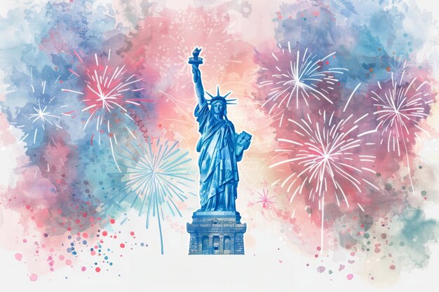 Foto tarjeta del día de la independencia con la estatua de la libertad