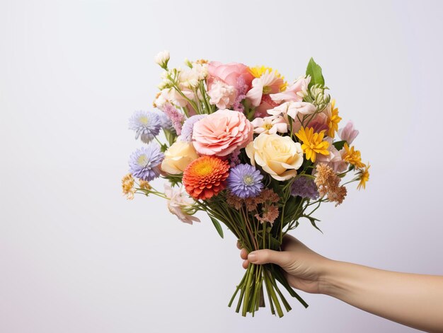 Tarjeta del Día de la Madre Día Internacional de la Mujer Ramo de flores en la mano Entrega de flores Verano primavera