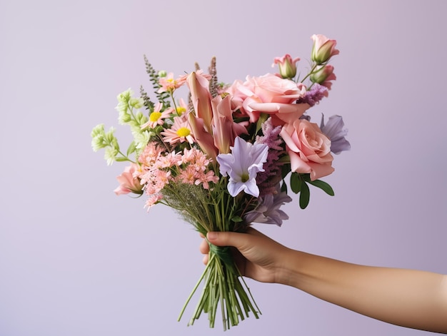 Tarjeta del Día de la Madre Día Internacional de la Mujer Ramo de flores en la mano Entrega de flores Verano primavera