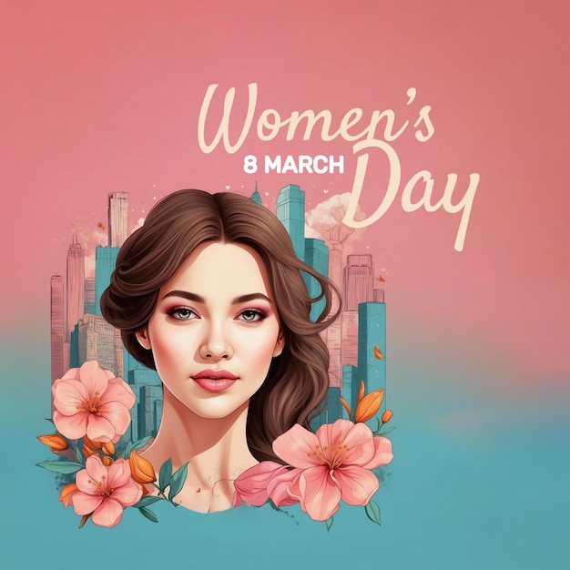 Tarjeta de Día de la Mujer con flores Ciudad y moda Mujer de colores brillantes y cálidos Fondo