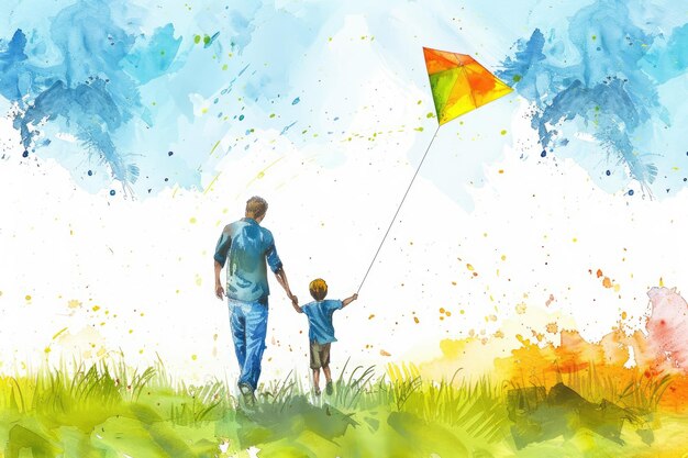 Foto tarjeta del día del padre con una linda ilustración en acuarela de padre y hijo volando una cometa y caminando juntos