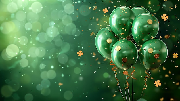 Tarjeta del día de San Patricio globos de colores irlandeses trébol y monedas de oro en fondo verde