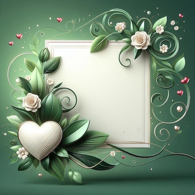 Tarjeta del Día de San Valentín con corazón y diseño con decoración verde realista con espacio para copiar