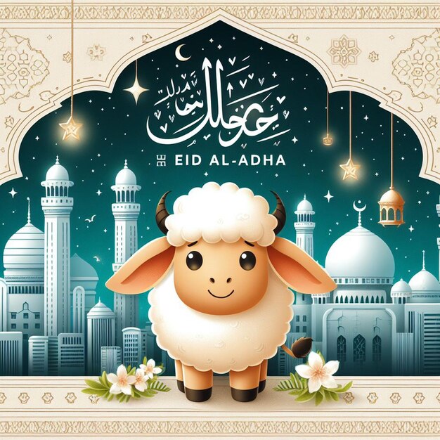 una tarjeta de Eid Al Adha con una oveja linda y un fondo de mezquita