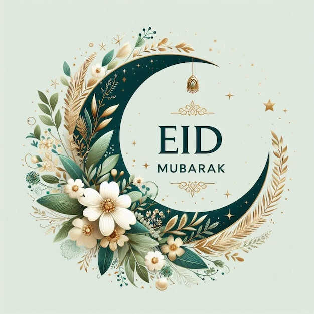 Tarjeta de Eid Mubarak con luna creciente y decoración floral