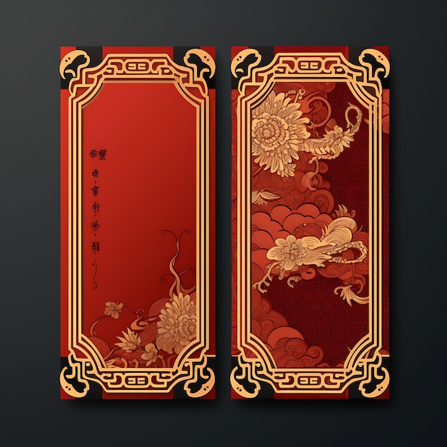 Tarjeta de etiqueta con patrón chino octogonal Dragón Color rojo y dorado Diseño 2D Creativo Antiguo Tradicional