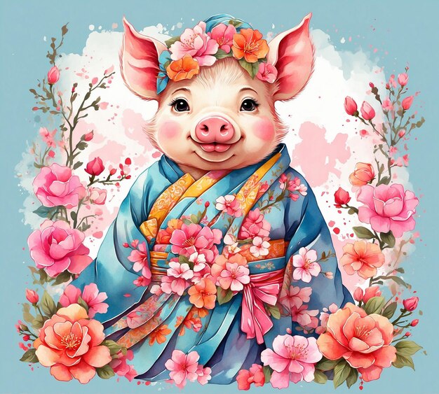 Tarjeta de felicitación del Año Nuevo Chino del Cerdo con un lindo cerdo en kimono