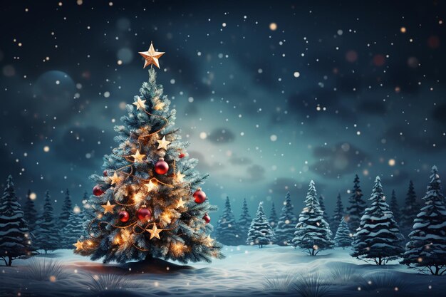 Tarjeta de felicitación de árbol de Navidad sobre fondo nevado IA generativa