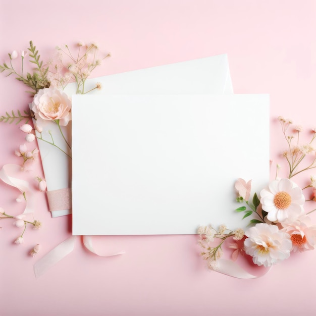 Foto tarjeta de felicitación blanca en el fondo rosa con flores carta de amor ai generativo