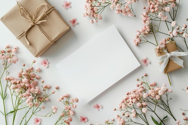 Tarjeta de felicitación en blanco con flores de gipsófila y cajas de regalos sobre fondo blanco IA generativa