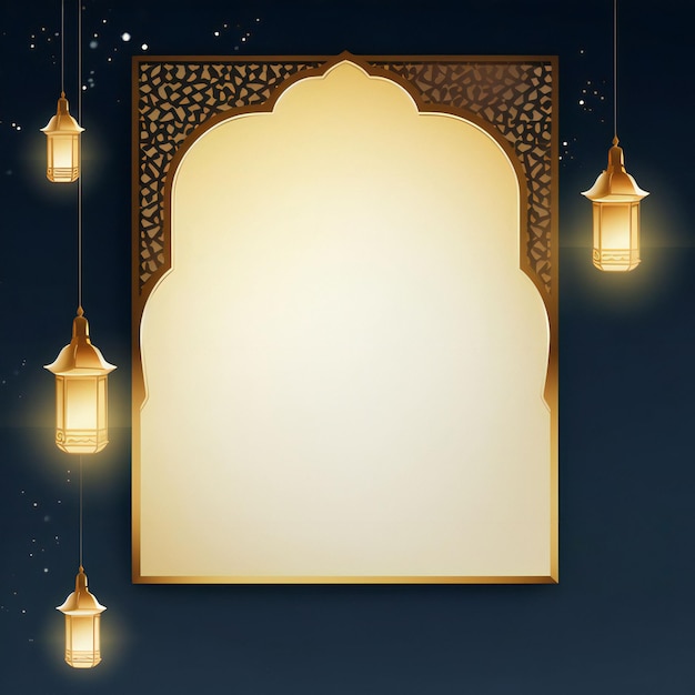 Tarjeta de felicitación en blanco de Ramadan Kareem con linternas decorativas y forma islámica