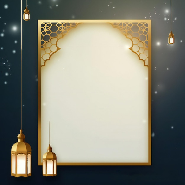 Tarjeta de felicitación en blanco de Ramadan Kareem con linternas decorativas y forma islámica