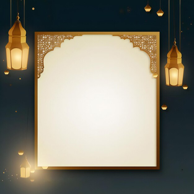 Tarjeta de felicitación en blanco de Ramadan Kareem con linternas decorativas y forma islámica