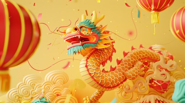 Foto una tarjeta de felicitación cny con dragones y decoraciones festivas en un fondo amarillo pálido el texto dice feliz año nuevo chino