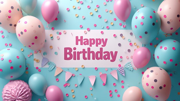 Foto una tarjeta de felicitación de cumpleaños con globos y confeti que cae con la inscripción quothappy birthdayq