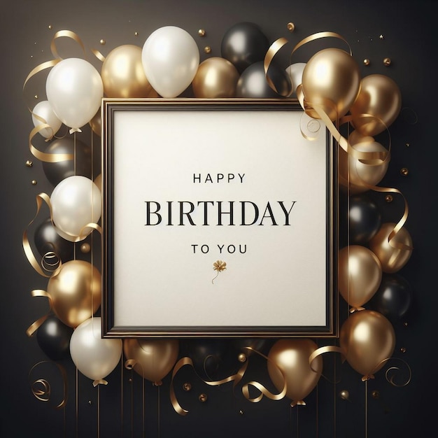 Foto tarjeta de felicitación de cumpleaños negra con globos blancos y dorados tarjeta de aniversario negra y dorada