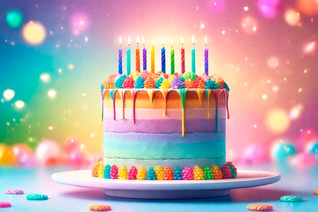 Tarjeta de felicitación de cumpleaños pastel de arco iris con glaseado de queso con velas