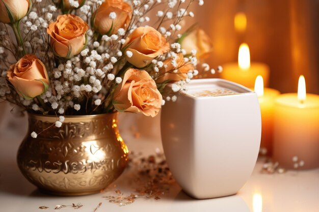 tarjeta de felicitación con decoración de velas y flores fotografía publicitaria profesional