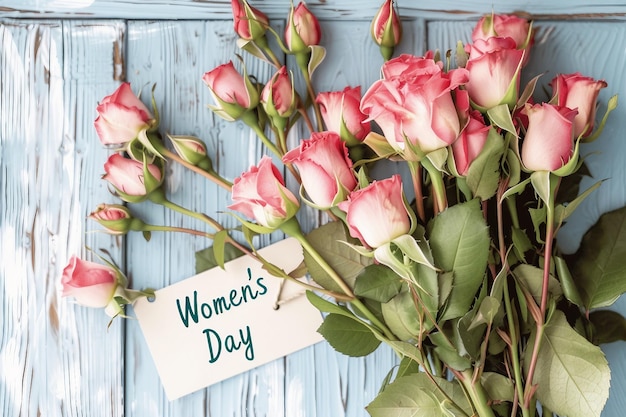 Tarjeta de felicitación del Día de la Mujer: ramo de rosas sobre un fondo blanco