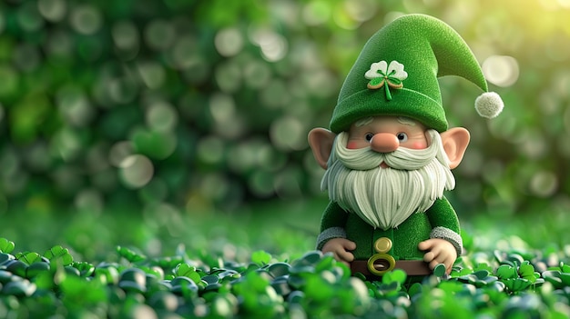 Tarjeta de felicitación para el Día de San Patricio con gnomo y trébol Ilustración vectorial