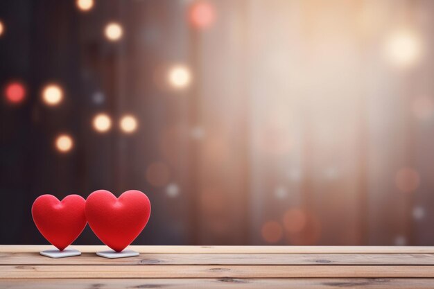 Tarjeta de felicitación del día de San Valentín con corazones rojos en una mesa de madera sobre un fondo bokeh