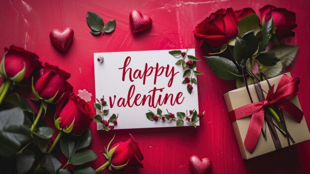 Foto tarjeta de felicitación para los días de san valentín con hermosas rosas y caja de regalos