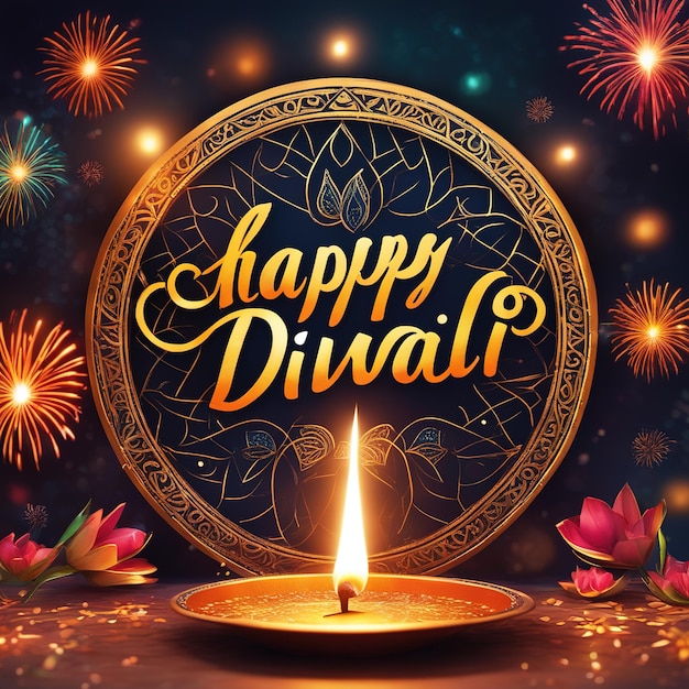 tarjeta de felicitación de diwali con luces diya y flores en el diseño vectorial de fondo