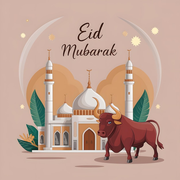 Tarjeta de felicitación de Eid Al Adha con mezquita y toro