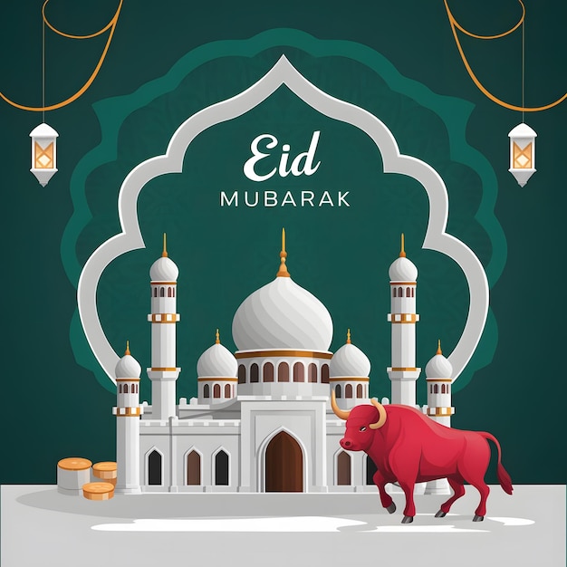 Tarjeta de felicitación de Eid Al Adha con mezquita y toro