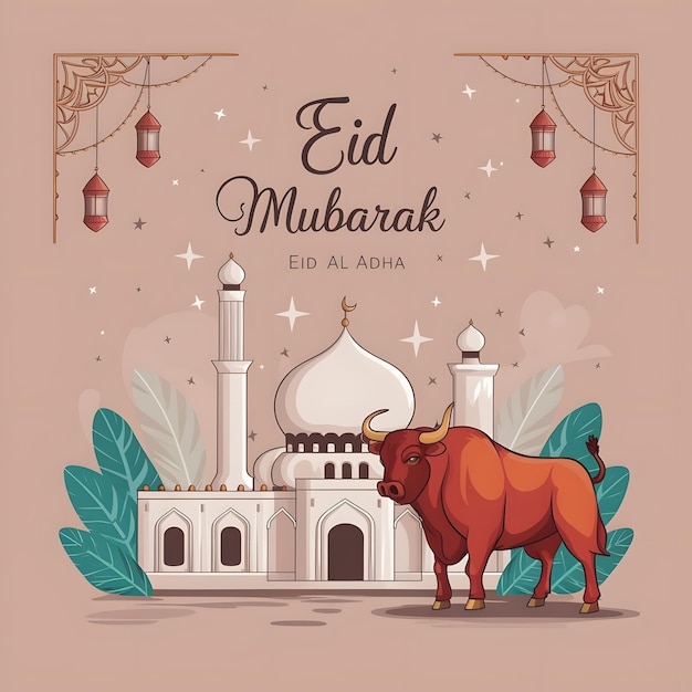 Tarjeta de felicitación de Eid Al Adha con mezquita y toro