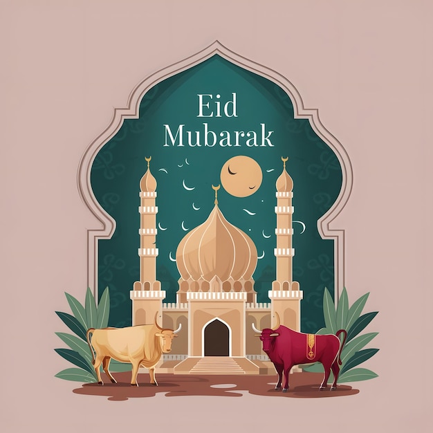 Tarjeta de felicitación de Eid Al Adha con mezquita y toro