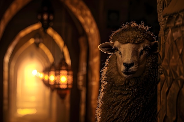Tarjeta de felicitación de Eid Al Adha con ovejas y un fondo de linterna islámica Eid El Adha en las redes sociales