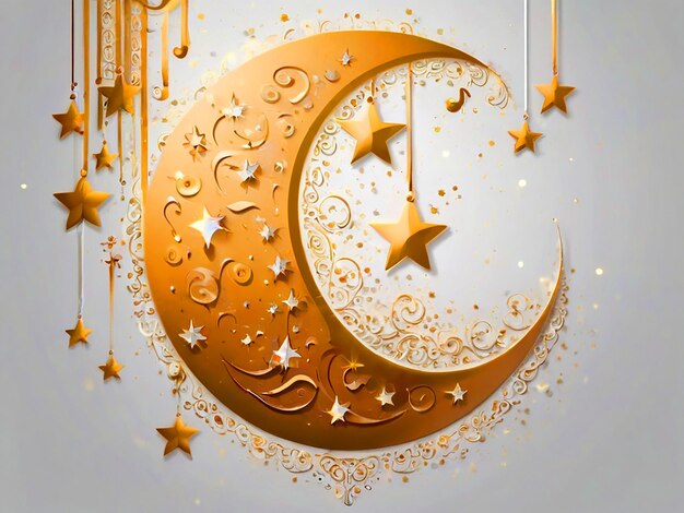 Tarjeta de felicitación de Eid Mubarak con una luna y estrellas sobre un fondo blanco