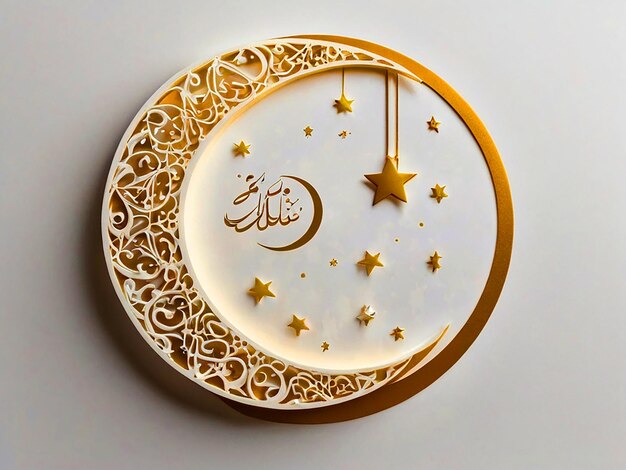 Tarjeta de felicitación de Eid Mubarak con una luna y estrellas sobre un fondo blanco