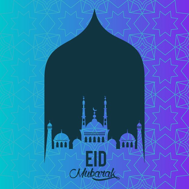 Tarjeta de felicitación de Eid mubarak con una mezquita y texto eid mubarak sobre un fondo colorido.